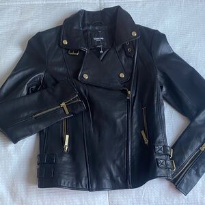 Bebe Black Leather Jacket with Gold Accents